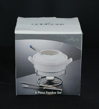 Load image into Gallery viewer, Godinger 6-Piece Fondue Set – Porcelain Pot, Chrome Rack & Stainless Forks (New in Box)
