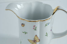 Load image into Gallery viewer, I. Godinger & Co. Primavera Porcelain Pitcher – Butterfly & Floral Design – Gold Trim – 8" Tall