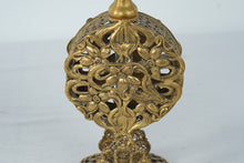 Load image into Gallery viewer, Vintage Ornate Gold Tone Filigree Perfume Bottle Holder With Stopper Vanity Display