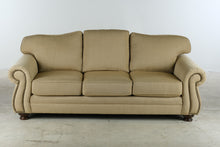 Load image into Gallery viewer, Traditional Gold Upholstered Sofa with Rolled Arms and Nailhead Trim - Online Only