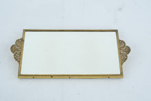Load image into Gallery viewer, Vintage Gold Tone Vanity Tray Mirror Filigree Handles Hollywood Regency 145 x 8