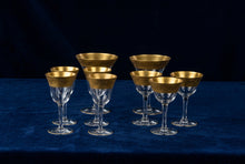 Load image into Gallery viewer, Tiffin Franciscan Vintage Gold Encrusted Crystal Stemware Set of 9 1930s 1950s