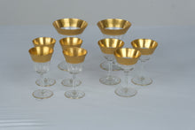 Load image into Gallery viewer, Tiffin Franciscan Vintage Gold Encrusted Crystal Stemware Set of 9 1930s 1950s