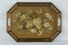 Load image into Gallery viewer, Vintage Hand Painted Tole Tray Grapes and Daisies Gold Metal Serving Tray
