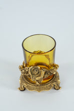 Load image into Gallery viewer, Amber Glass & Gilded Rose Candle Holder – Ornate Hollywood Regency Style (3" x 3.5")