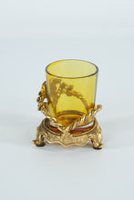 Load image into Gallery viewer, Amber Glass & Gilded Rose Candle Holder – Ornate Hollywood Regency Style (3" x 3.5")