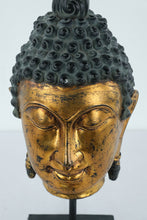 Load image into Gallery viewer, Gilt Bronze Buddha Head on Stand – Southeast Asian Style, Serene Meditation Expression (17” Tall)