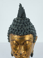 Load image into Gallery viewer, Gilt Bronze Buddha Head on Stand – Southeast Asian Style, Serene Meditation Expression (17” Tall)