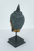 Load image into Gallery viewer, Gilt Bronze Buddha Head on Stand – Southeast Asian Style, Serene Meditation Expression (17” Tall)