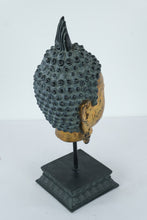Load image into Gallery viewer, Gilt Bronze Buddha Head on Stand – Southeast Asian Style, Serene Meditation Expression (17” Tall)