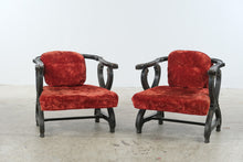 Load image into Gallery viewer, Pair of Antique-Style Carved Wood X-Frame Armchairs in Red Velvet