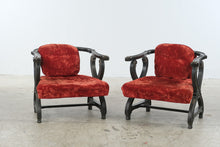 Load image into Gallery viewer, Pair of Antique-Style Carved Wood X-Frame Armchairs in Red Velvet