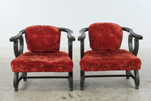 Load image into Gallery viewer, Pair of Antique-Style Carved Wood X-Frame Armchairs in Red Velvet