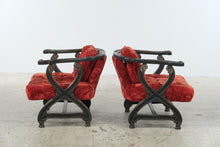 Load image into Gallery viewer, Pair of Antique-Style Carved Wood X-Frame Armchairs in Red Velvet