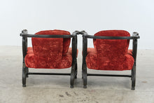 Load image into Gallery viewer, Pair of Antique-Style Carved Wood X-Frame Armchairs in Red Velvet