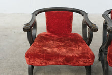 Load image into Gallery viewer, Pair of Antique-Style Carved Wood X-Frame Armchairs in Red Velvet