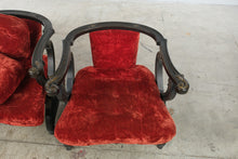 Load image into Gallery viewer, Pair of Antique-Style Carved Wood X-Frame Armchairs in Red Velvet
