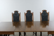 Load image into Gallery viewer, Vintage Oak Dining Table 8 Chairs 3 Leaves Black Upholstered Gothic Revival Set