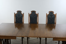 Load image into Gallery viewer, Vintage Oak Dining Table 8 Chairs 3 Leaves Black Upholstered Gothic Revival Set