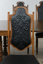 Load image into Gallery viewer, Vintage Oak Dining Table 8 Chairs 3 Leaves Black Upholstered Gothic Revival Set