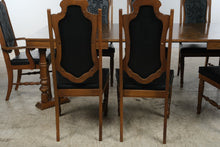 Load image into Gallery viewer, Vintage Oak Dining Table 8 Chairs 3 Leaves Black Upholstered Gothic Revival Set