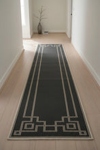 Load image into Gallery viewer, Gray Geometric Runner Rug 28x138 Wool Flatweave Greek Key Border