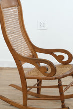 Load image into Gallery viewer, Antique Wood Cane Seat and Back Rocking Chair with Scroll Arms