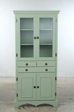 Load image into Gallery viewer, Painted Sage Green Wood Display Cabinet with Ribbed Glass Doors