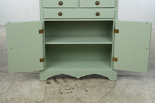 Load image into Gallery viewer, Painted Sage Green Wood Display Cabinet with Ribbed Glass Doors