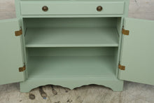 Load image into Gallery viewer, Painted Sage Green Wood Display Cabinet with Ribbed Glass Doors