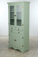 Load image into Gallery viewer, Painted Sage Green Wood Display Cabinet with Ribbed Glass Doors