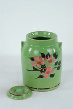 Load image into Gallery viewer, Vintage Green Painted Metal Flour Canister with Lid Floral Kitchen Storage