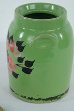 Load image into Gallery viewer, Vintage Green Painted Metal Flour Canister with Lid Floral Kitchen Storage