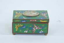 Load image into Gallery viewer, Chinese Cloisonne Enamel Trinket Box Green Floral Design Carved Stone Inset