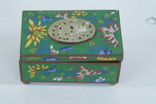 Load image into Gallery viewer, Chinese Cloisonne Enamel Trinket Box Green Floral Design Carved Stone Inset