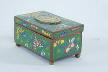 Load image into Gallery viewer, Chinese Cloisonne Enamel Trinket Box Green Floral Design Carved Stone Inset