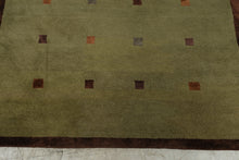 Load image into Gallery viewer, Hand Woven Wool Area Rug Olive Green Brown Geometric Squares 62 x 96