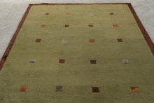 Load image into Gallery viewer, Hand Woven Wool Area Rug Olive Green Brown Geometric Squares 62 x 96