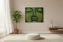 Load image into Gallery viewer, Large Contemporary Buddha Face Painting Metallic Green Gold Canvas 47 x 39
