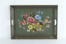Load image into Gallery viewer, Vintage Toleware Floral Serving Tray Hand Painted Metal Green Large 22 x 16