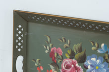Load image into Gallery viewer, Vintage Toleware Floral Serving Tray Hand Painted Metal Green Large 22 x 16