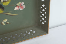 Load image into Gallery viewer, Vintage Toleware Floral Serving Tray Hand Painted Metal Green Large 22 x 16
