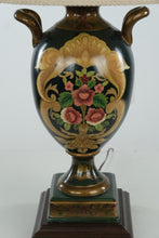 Load image into Gallery viewer, Hand-Painted Porcelain Urn Table Lamp – Green & Gold Floral with Wood Base, 30” Tall