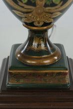 Load image into Gallery viewer, Hand-Painted Porcelain Urn Table Lamp – Green & Gold Floral with Wood Base, 30” Tall