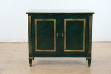 Load image into Gallery viewer, Hollywood Regency Solid Walnut Bar Cabinet in Green Lacquer with Gilt Trim