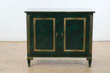 Load image into Gallery viewer, Hollywood Regency Solid Walnut Bar Cabinet in Green Lacquer with Gilt Trim