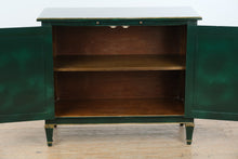 Load image into Gallery viewer, Hollywood Regency Solid Walnut Bar Cabinet in Green Lacquer with Gilt Trim