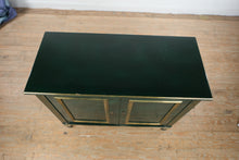 Load image into Gallery viewer, Hollywood Regency Solid Walnut Bar Cabinet in Green Lacquer with Gilt Trim