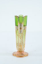 Load image into Gallery viewer, Antique Moser Attributed Bohemian Green Pink Art Glass Jeweled Stick Vase 6 5