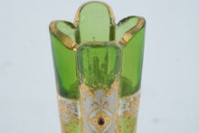 Load image into Gallery viewer, Antique Moser Attributed Bohemian Green Pink Art Glass Jeweled Stick Vase 6 5